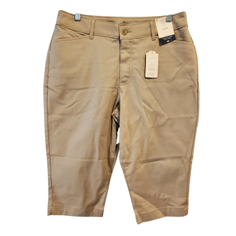 St Johns Bay Womens Capri Pants Khaki Tan Mid Rise Tummy Control 12 Petite NEW